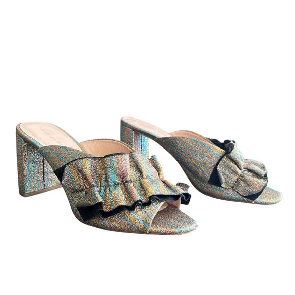 Loeffler Randall Esme Rainbow Ruffle Slide Open Toe Metallic Block Heel Sandals - Picture 3 of 12